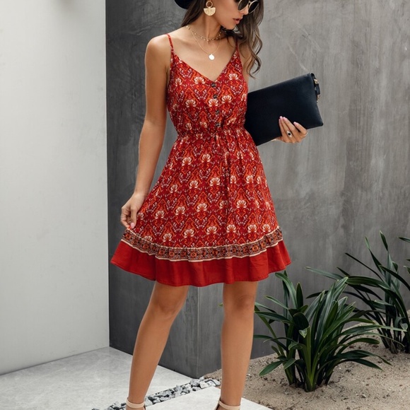 Boho Hippie Gypsy Floral Midi Dress - red - Picture 6 of 8